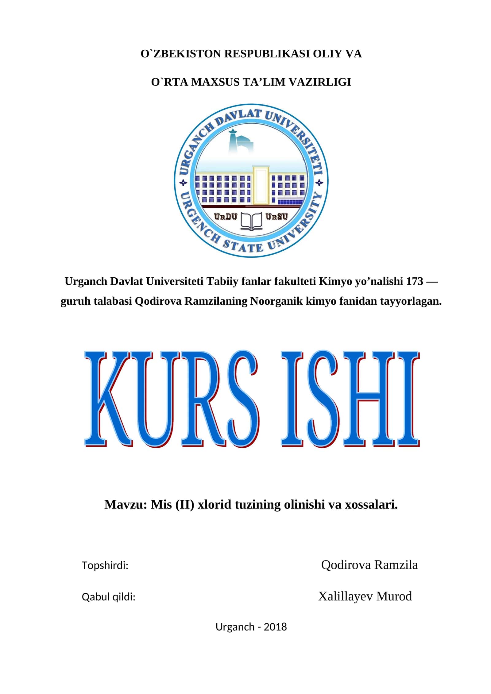 Mis (II) xlorid tuzining olinishi va xossalari