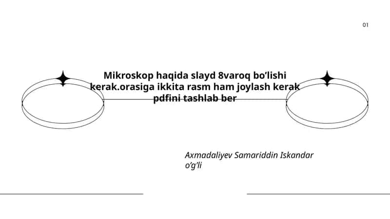 Mikroskop haqida slayd 8varoq bo’lishi kerak.orasiga ikkita rasm ham joylash kerak pdfini tashlab ber