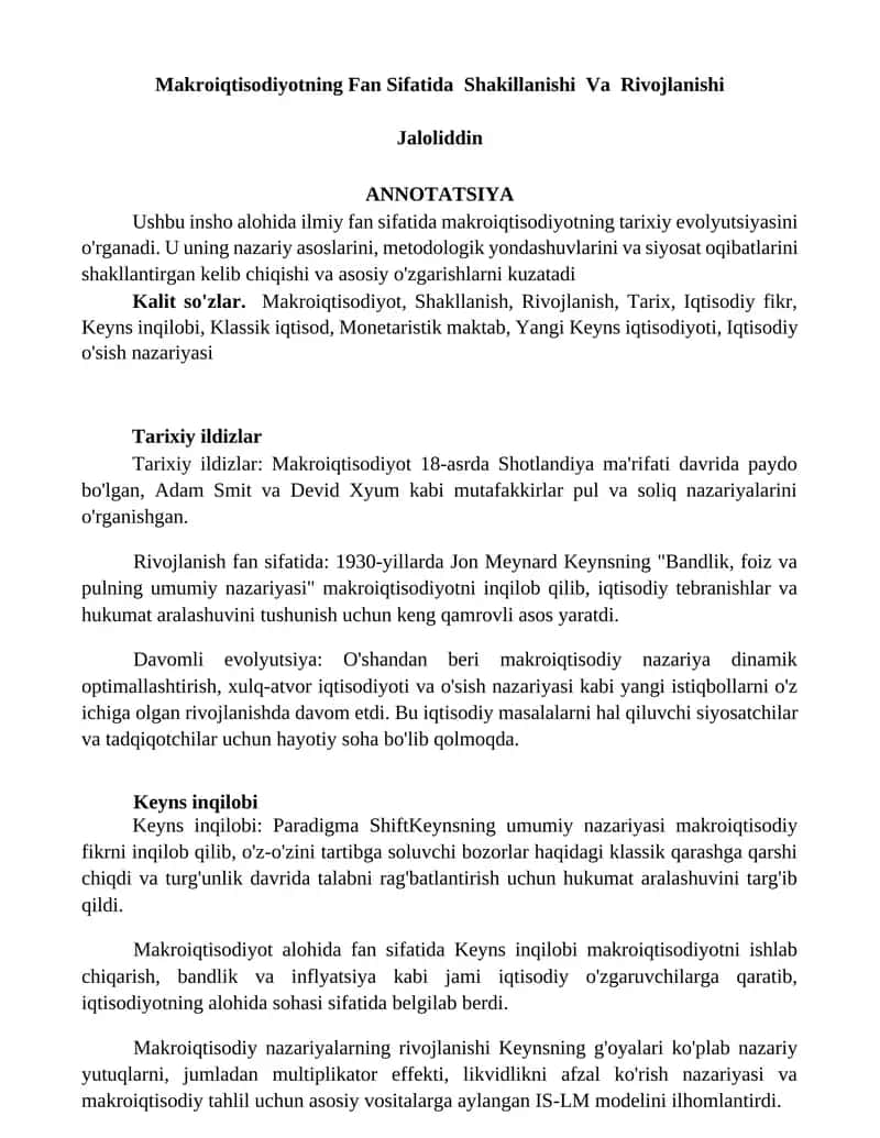 Makroiqtisodiyotning Fan Sifatida Shakillanishi Va Rivojlanishi