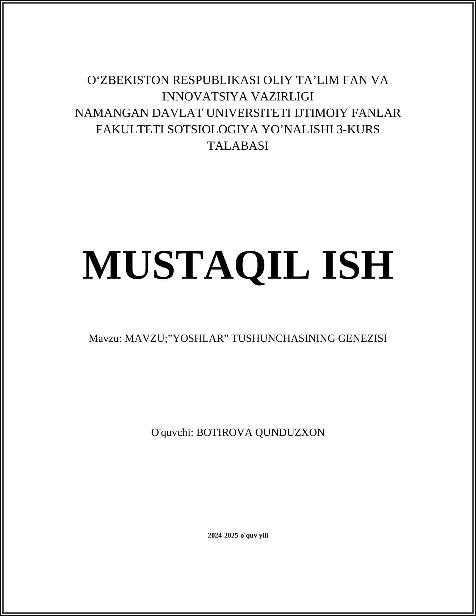 ”YOSHLAR” TUSHUNCHASINING GENEZISI