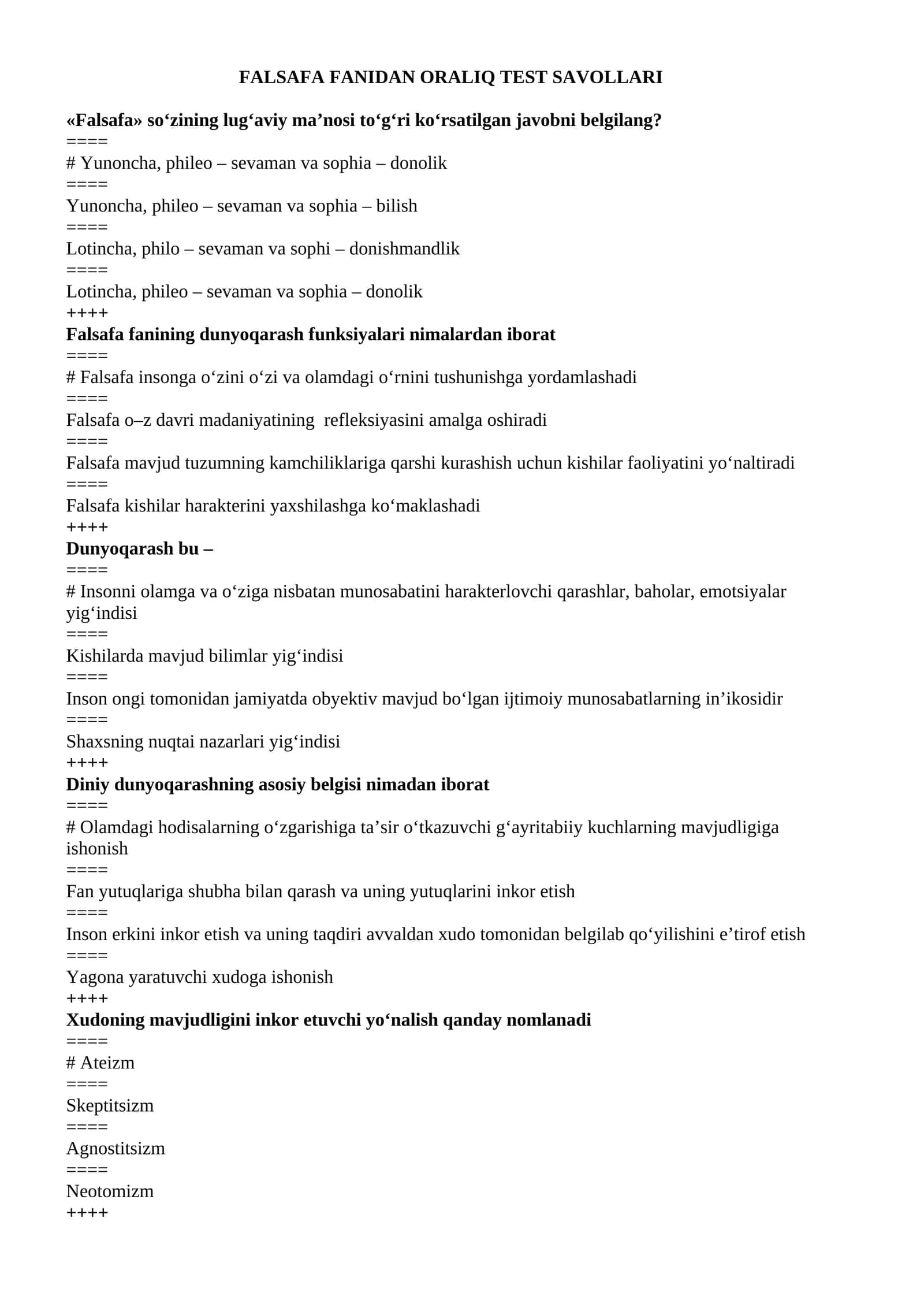 FALSAFA FANIDAN TEST SAVOLLARI