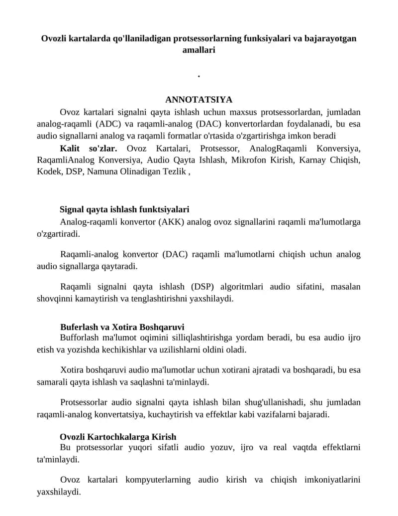 Ovozli kartalarda qo'llaniladigan protsessorlarning funksiyalari va bajarayotgan amallari
