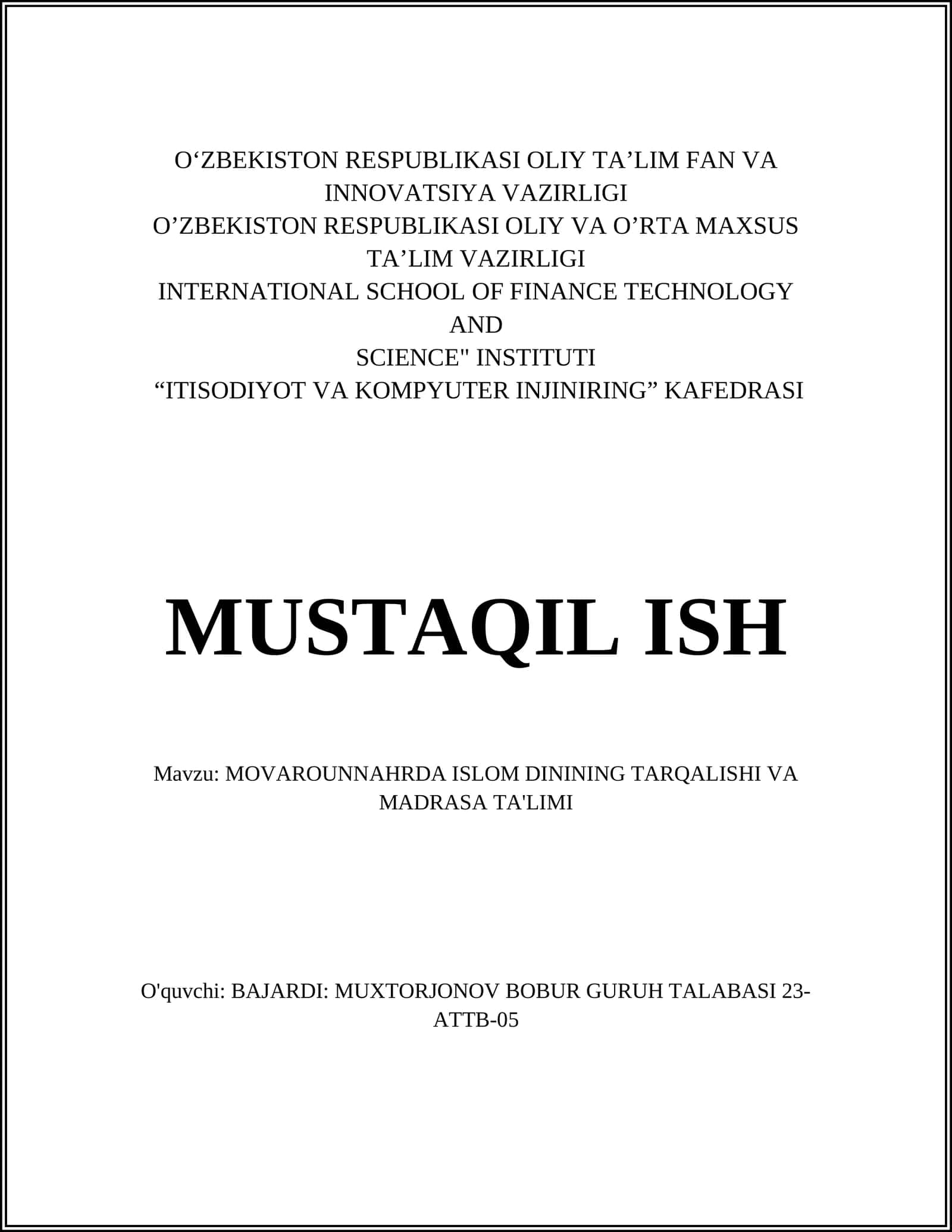 MOVAROUNNAHRDA ISLOM DININING TARQALISHI VA MADRASA TA'LIMI