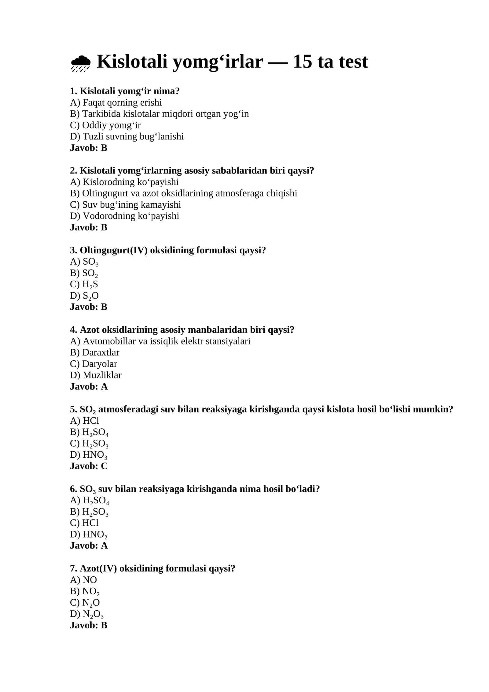 Kislotali yomg‘irlar — 15 ta test
