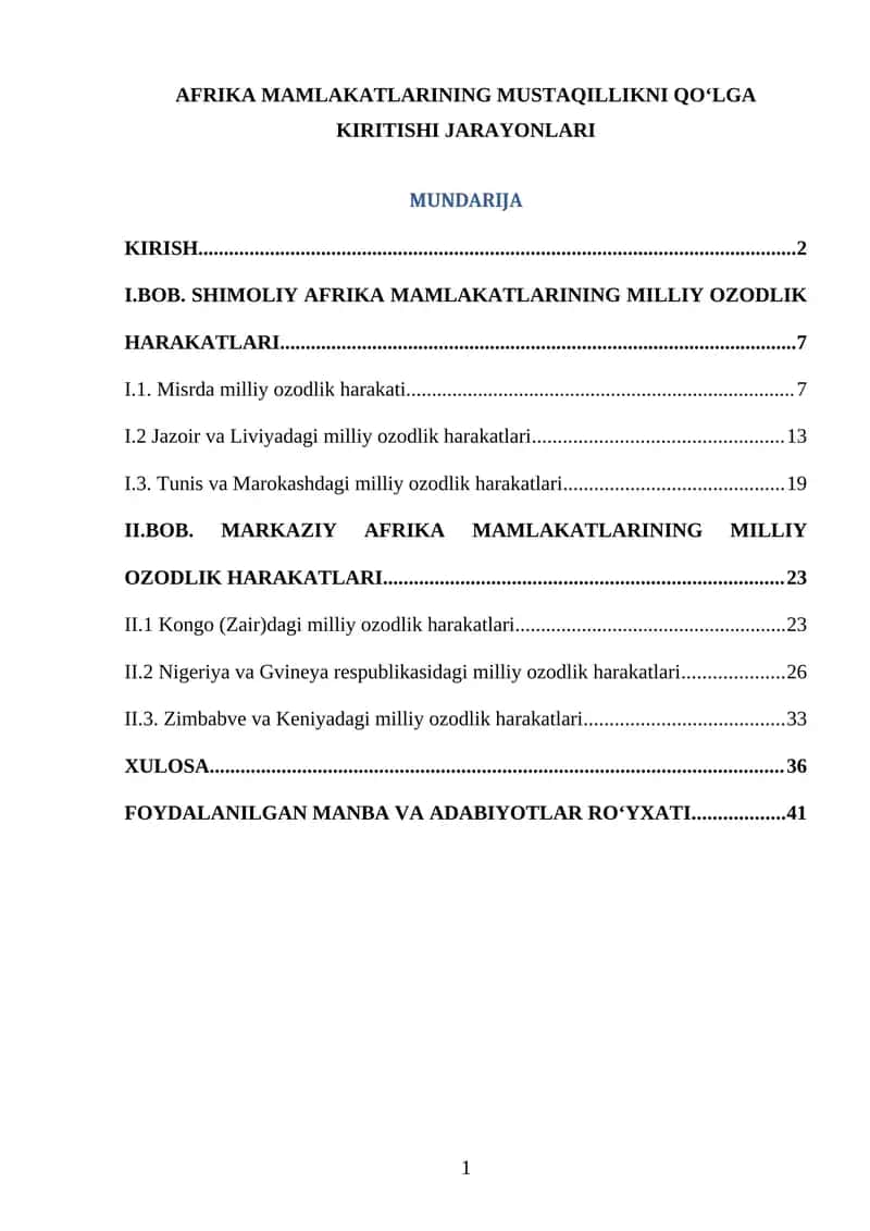AFRIKA MAMLAKATLARINING MUSTAQILLIKNI QO‘LGA KIRITISHI JARAYONLARI