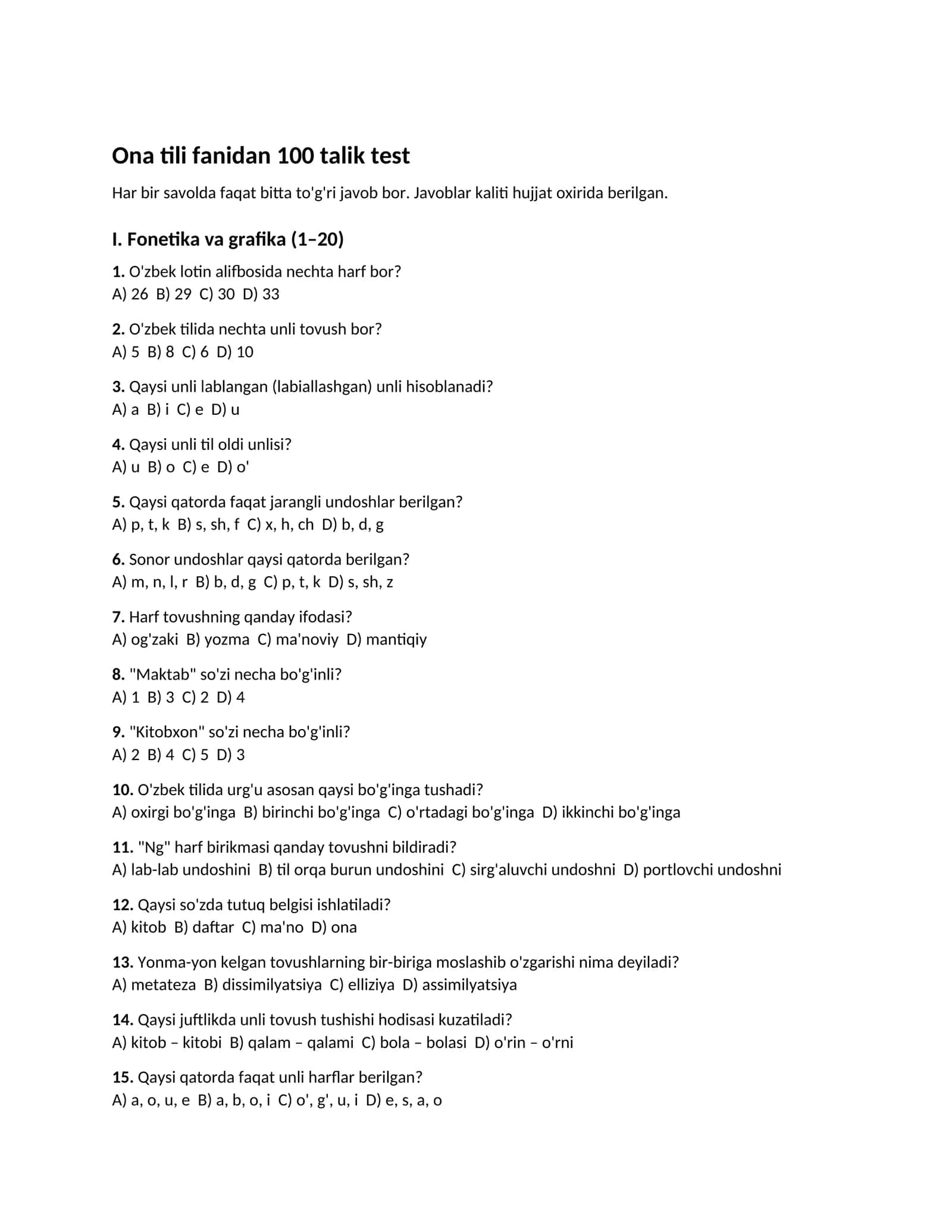 Ona tili fanidan 100 talik test