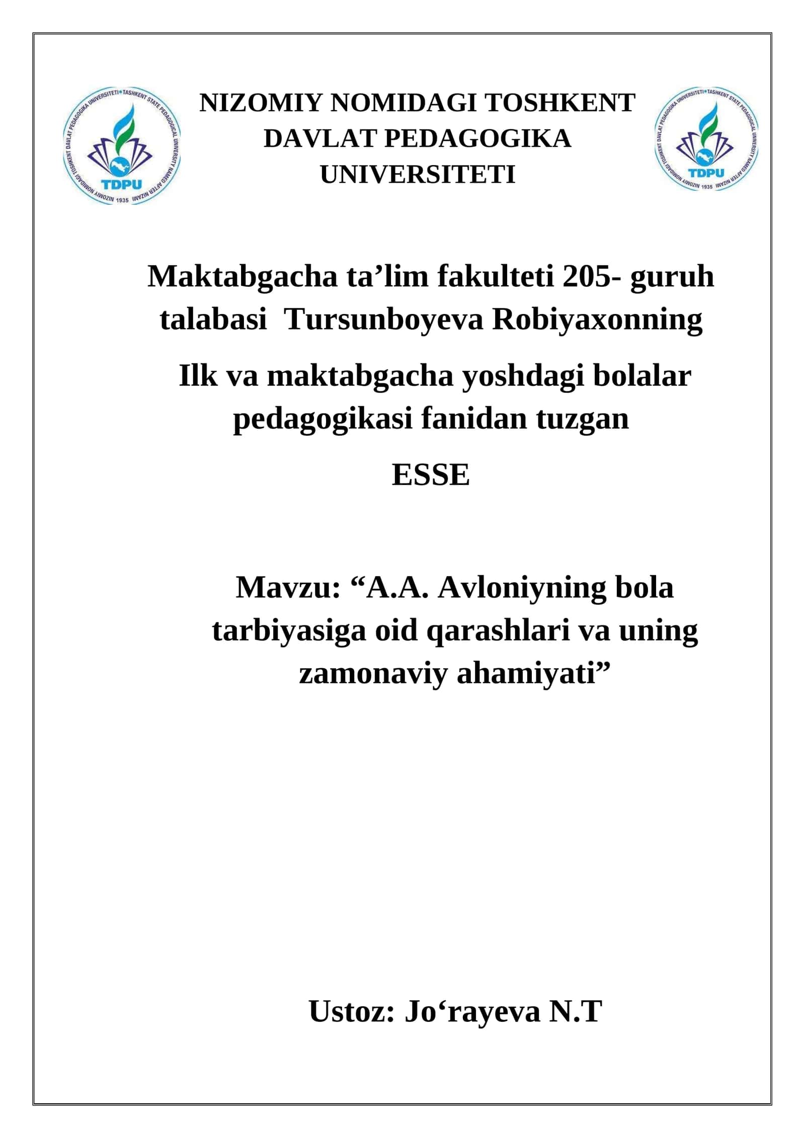 A.A. Avloniyning bola tarbiyasiga oid qarashlari va uning zamonaviy ahamiyati