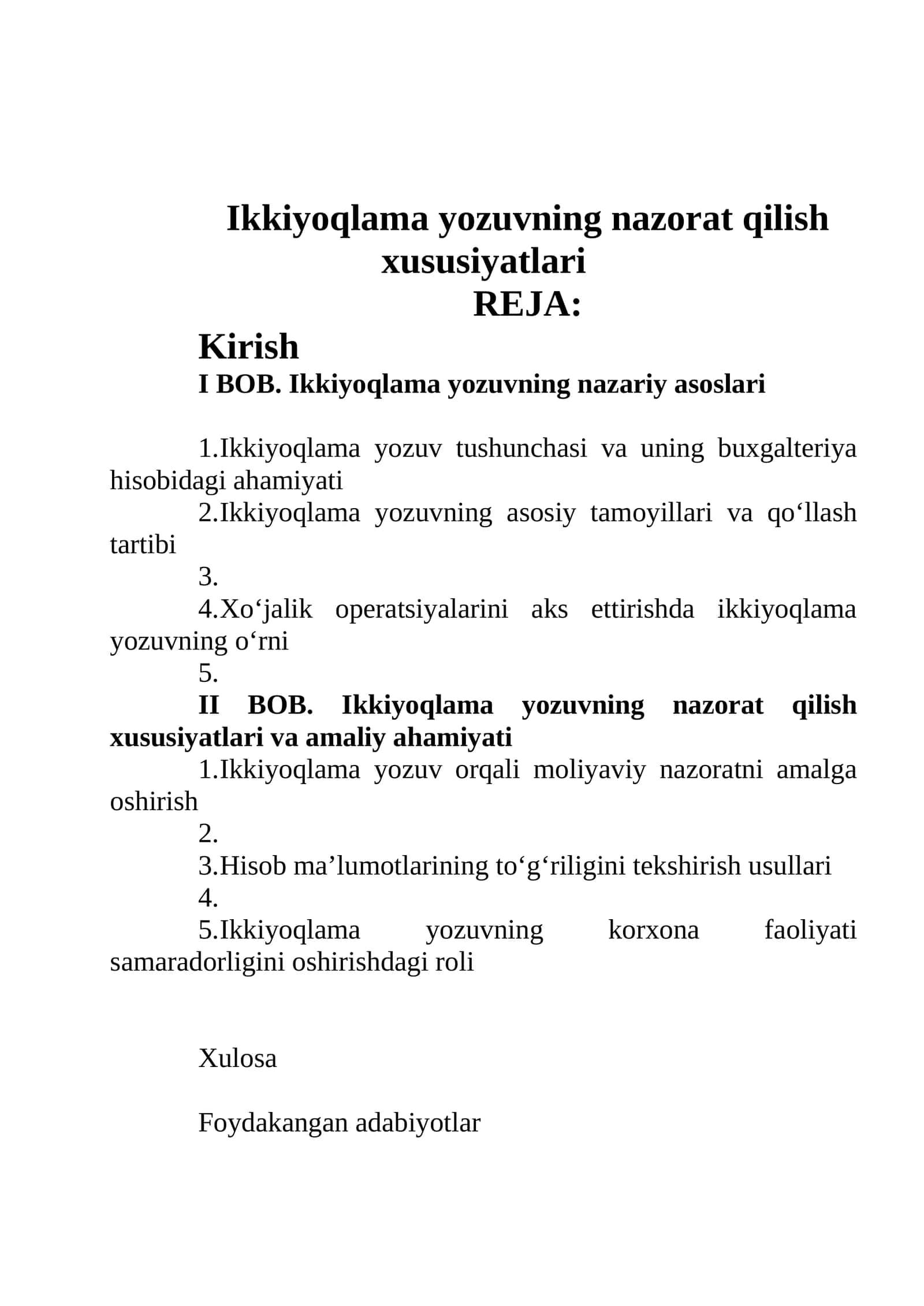 Ikkiyoqlama yozuvning nazorat qilish xususiyatlari
