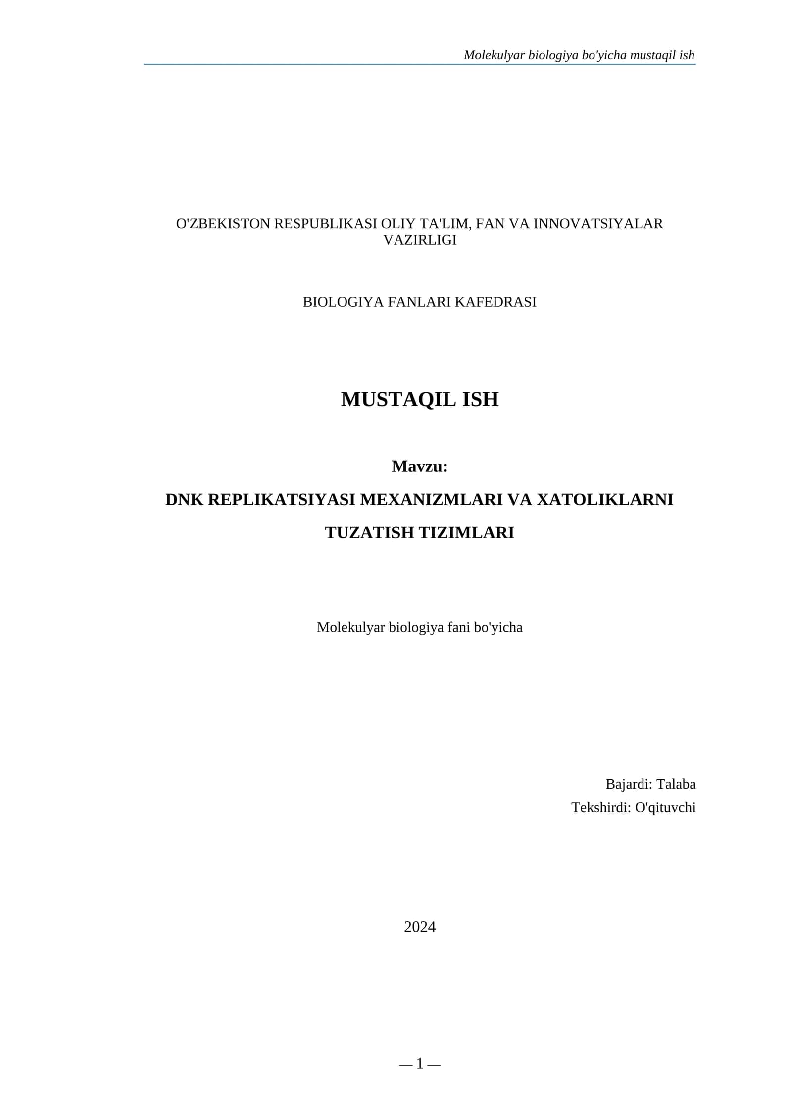 Molekulyar biologiya bo'yicha mustaqil ish