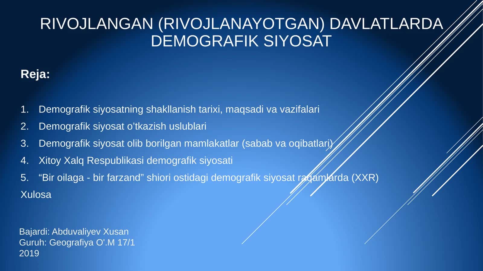 RIVOJLANGAN (RIVOJLANAYOTGAN) DAVLATLARDA DEMOGRAFIKSIYOSAT