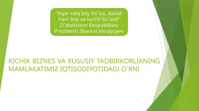 KICHIK BIZNES VA XUSUSIY TADBIRKORLIKNING MAMLAKATIMIZ IQTISODIYOTIDAGI O`RNI