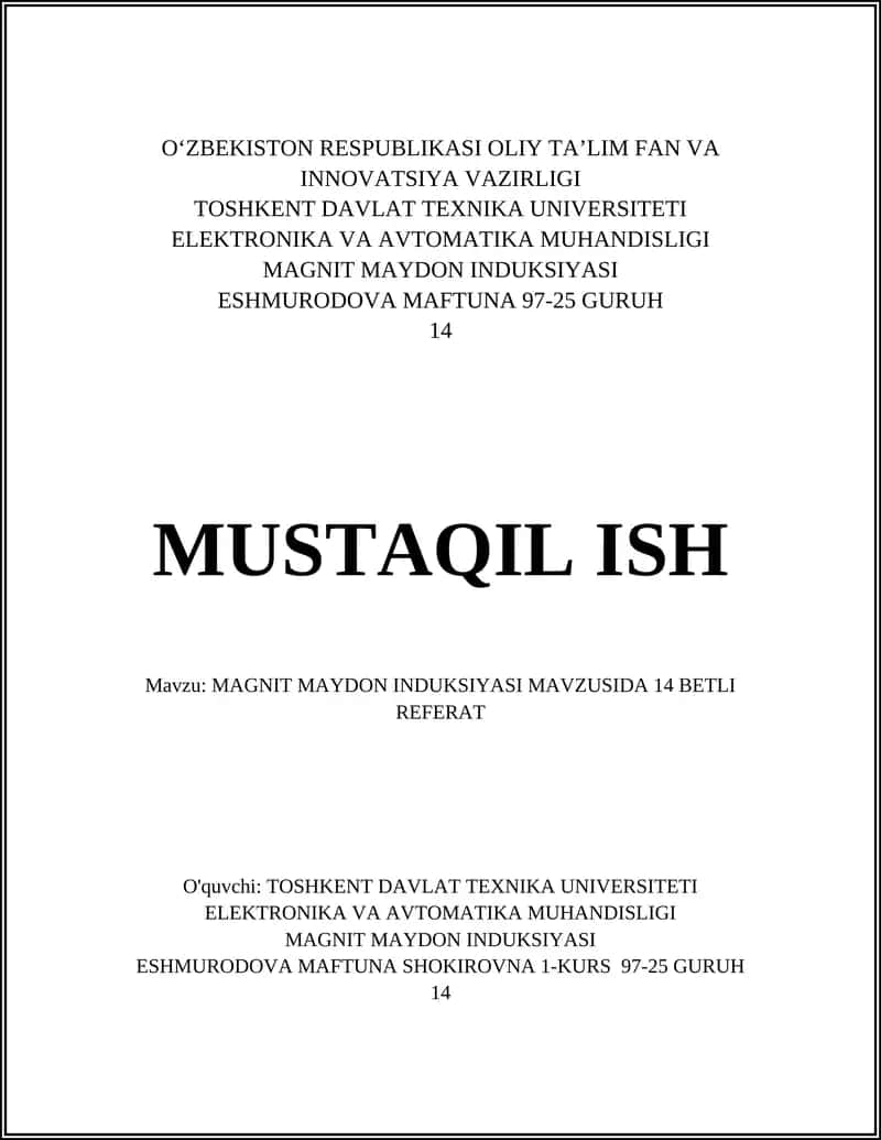 MAGNIT MAYDON INDUKSIYASI MAVZUSIDA 14 BETLI REFERAT