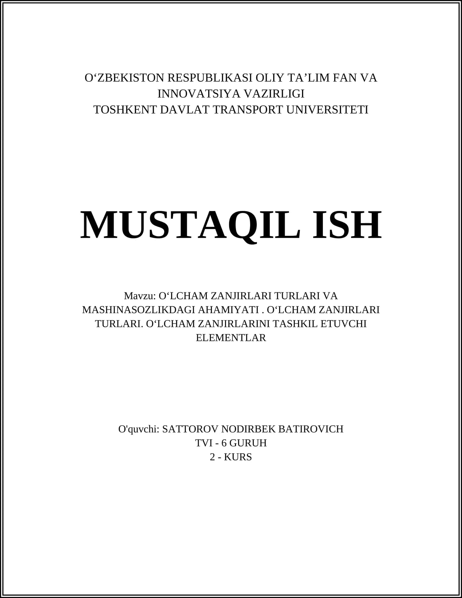 OʻLCHAM ZANJIRLARI TURLARI VA MASHINASOZLIKDAGI AHAMIYATI