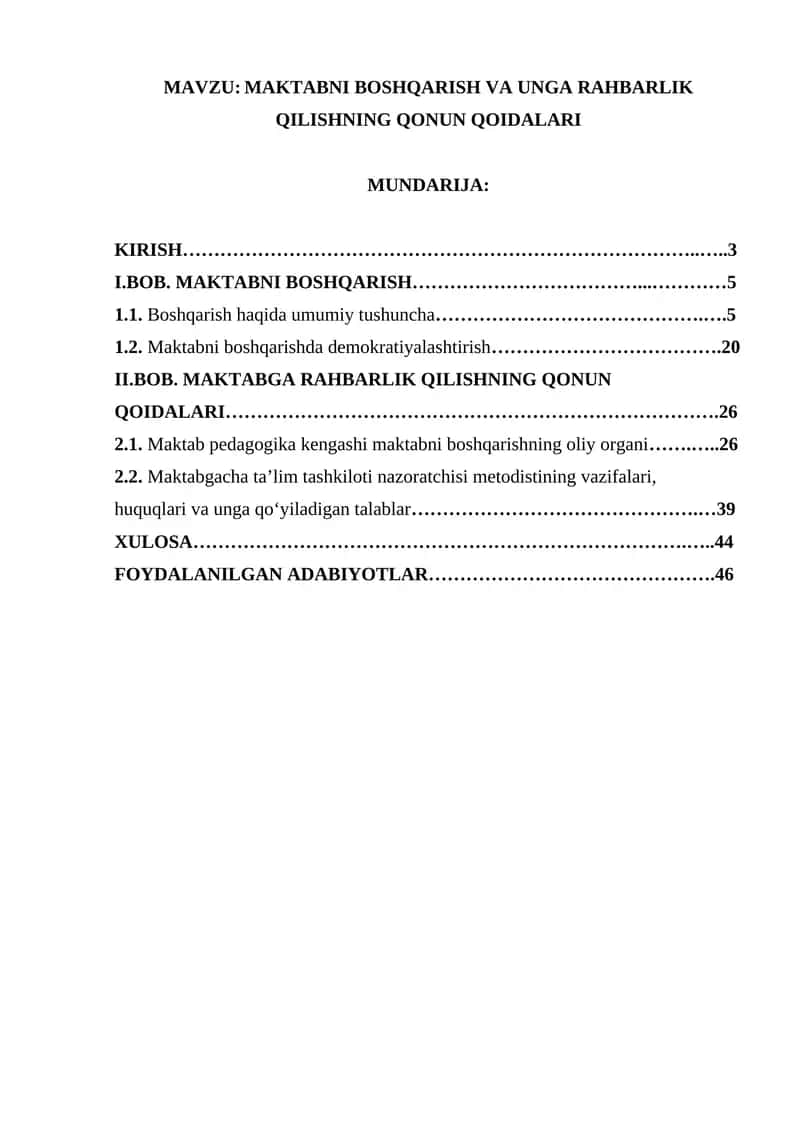 MAKTABNI BOSHQARISH VA UNGA RAHBARLIK QILISHNING QONUN QOIDALARI
