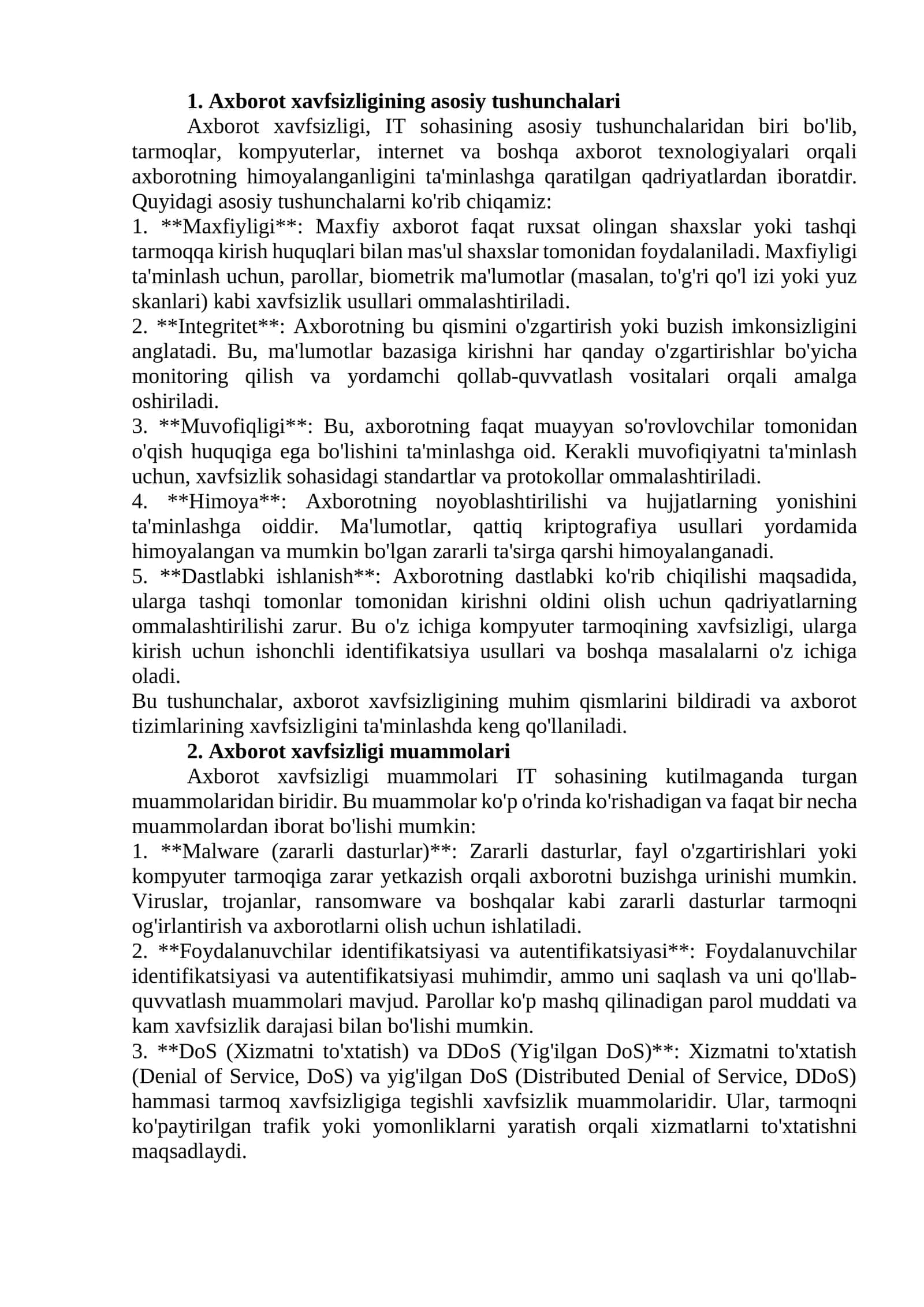 Axborot xavfsizligining asosiy tushunchalari