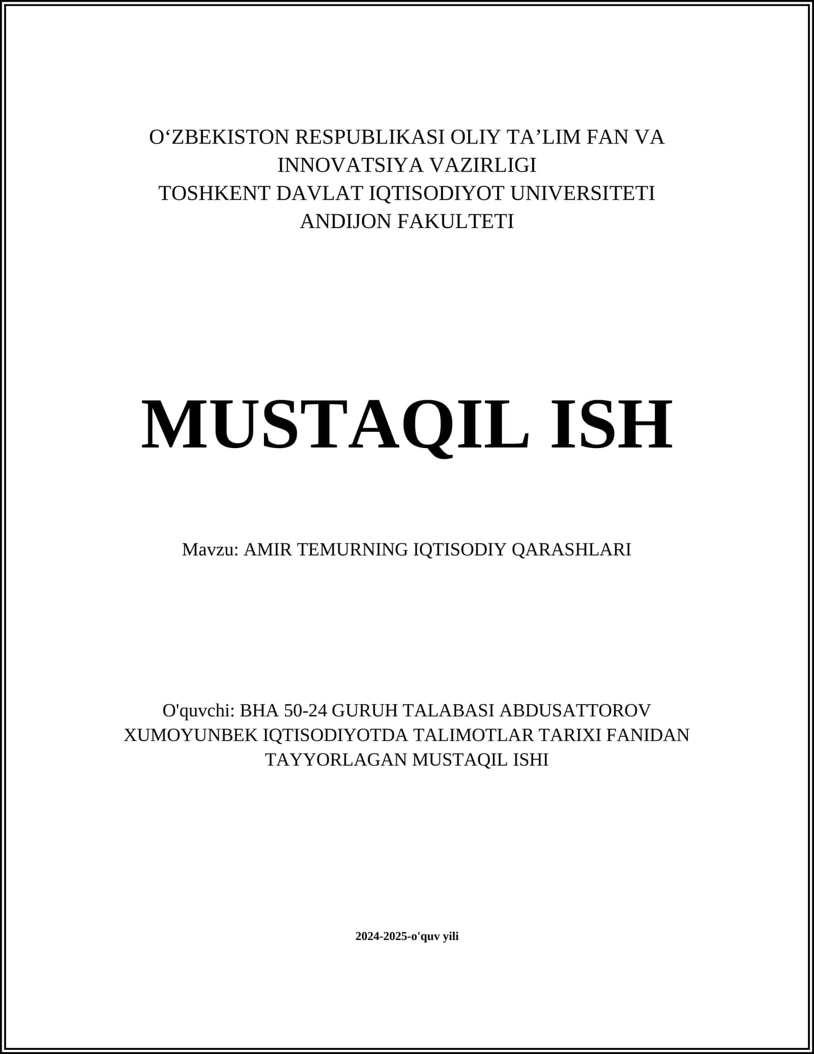 AMIR TEMURNING IQTISODIY QARASHLARI