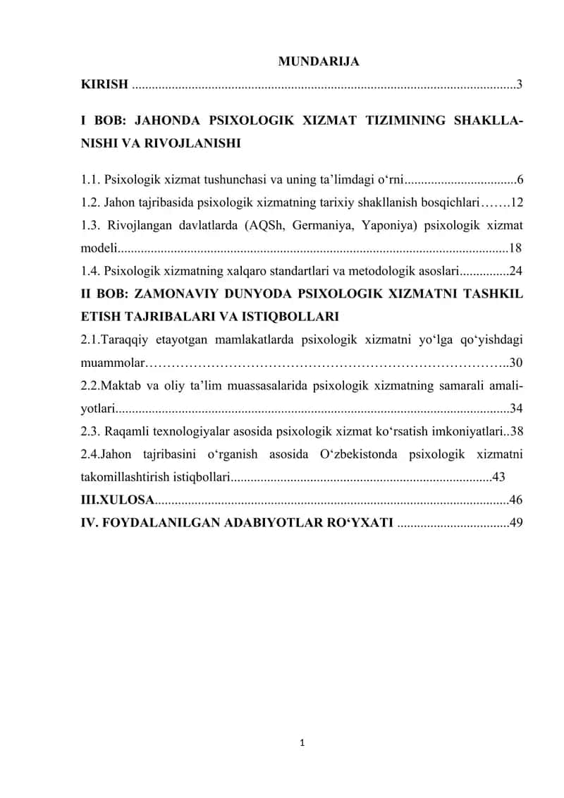 Jahonda psixologik xizmatni tashkil etish