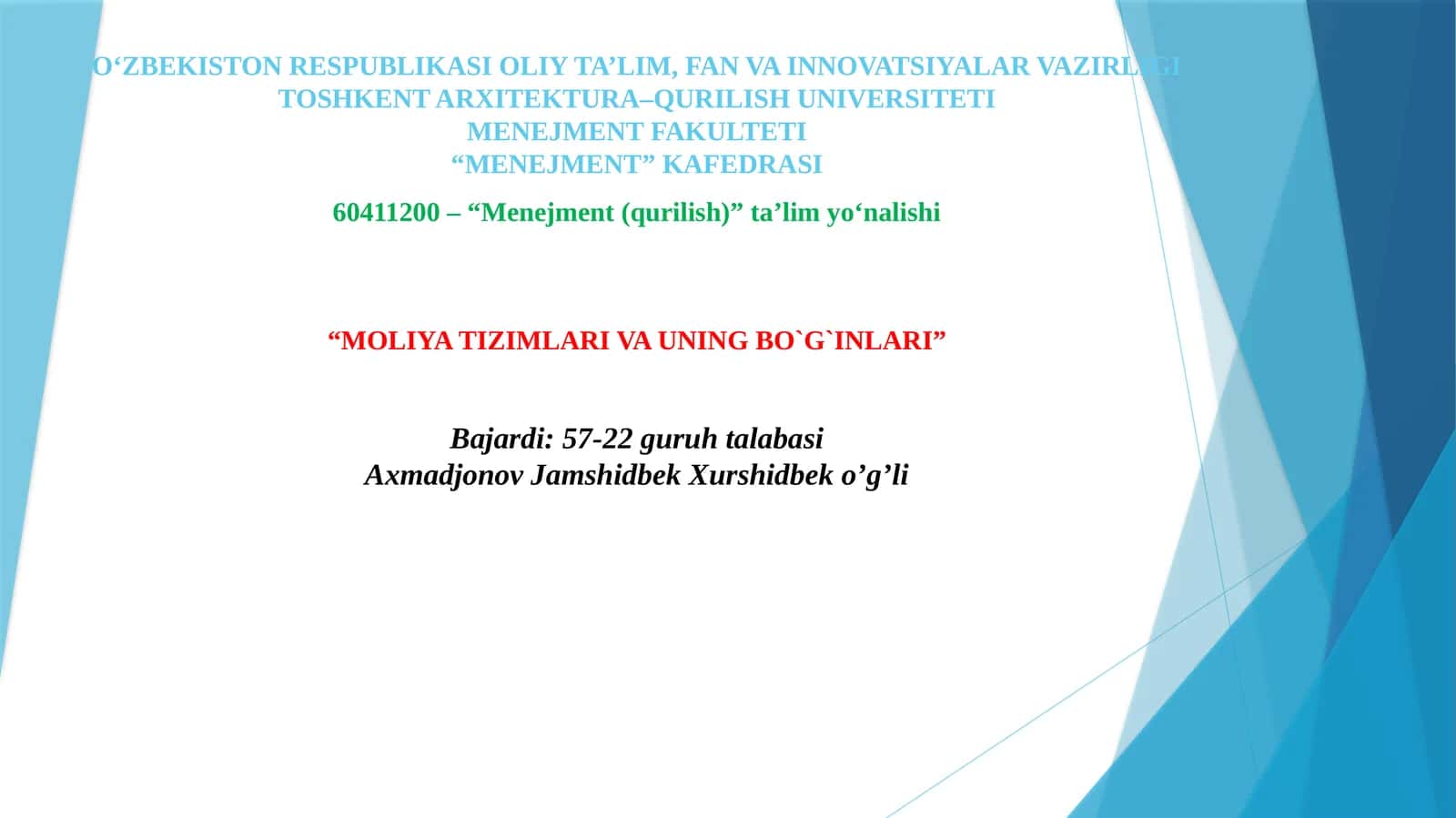 MOLIYA TIZIMLARI VA UNING BO`G`INLARI