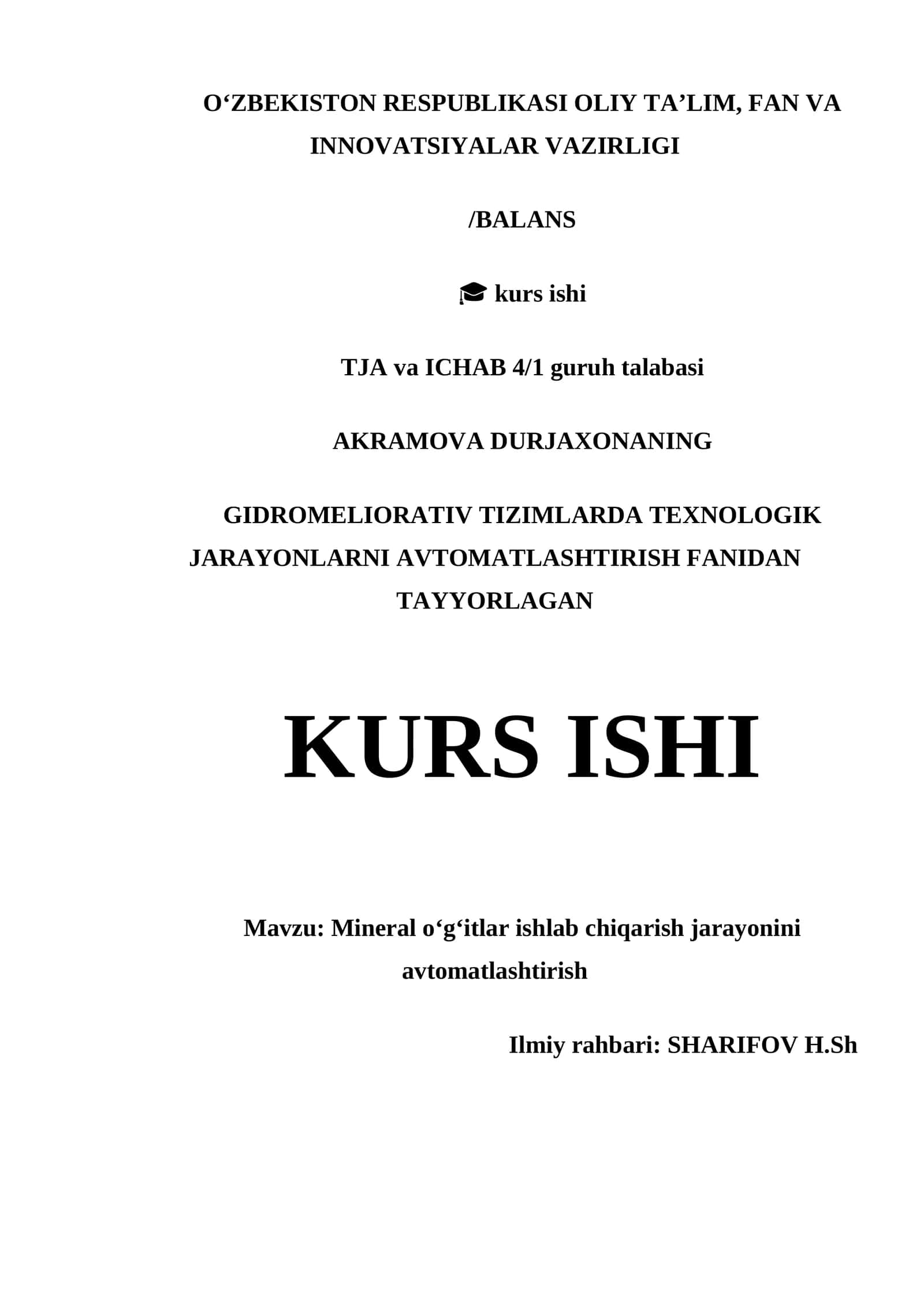 Mineral oʻgʻitlar ishlab chiqarish jarayonini avtomatlashtirish kurs ishi