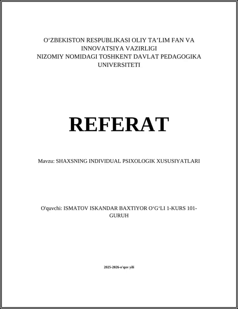 Temperament va shaxsning individual psixologik xususiyatlari