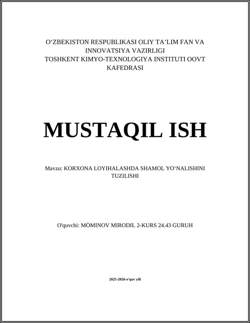 KORXONA LOYIHALASHDA SHAMOL YOʻNALISHINI TUZILISHI