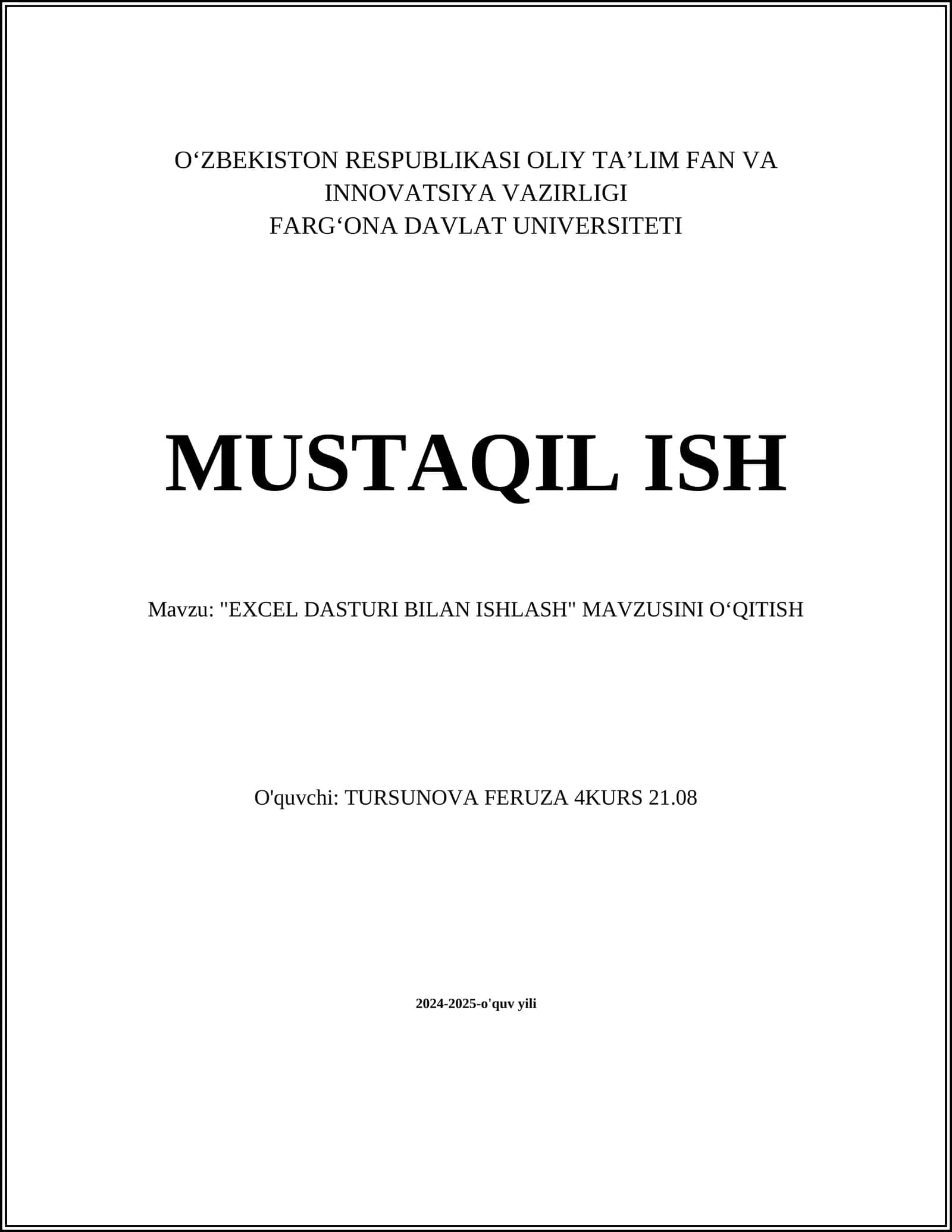 "EXCEL DASTURI BILAN ISHLASH" MAVZUSINI O‘QITISH