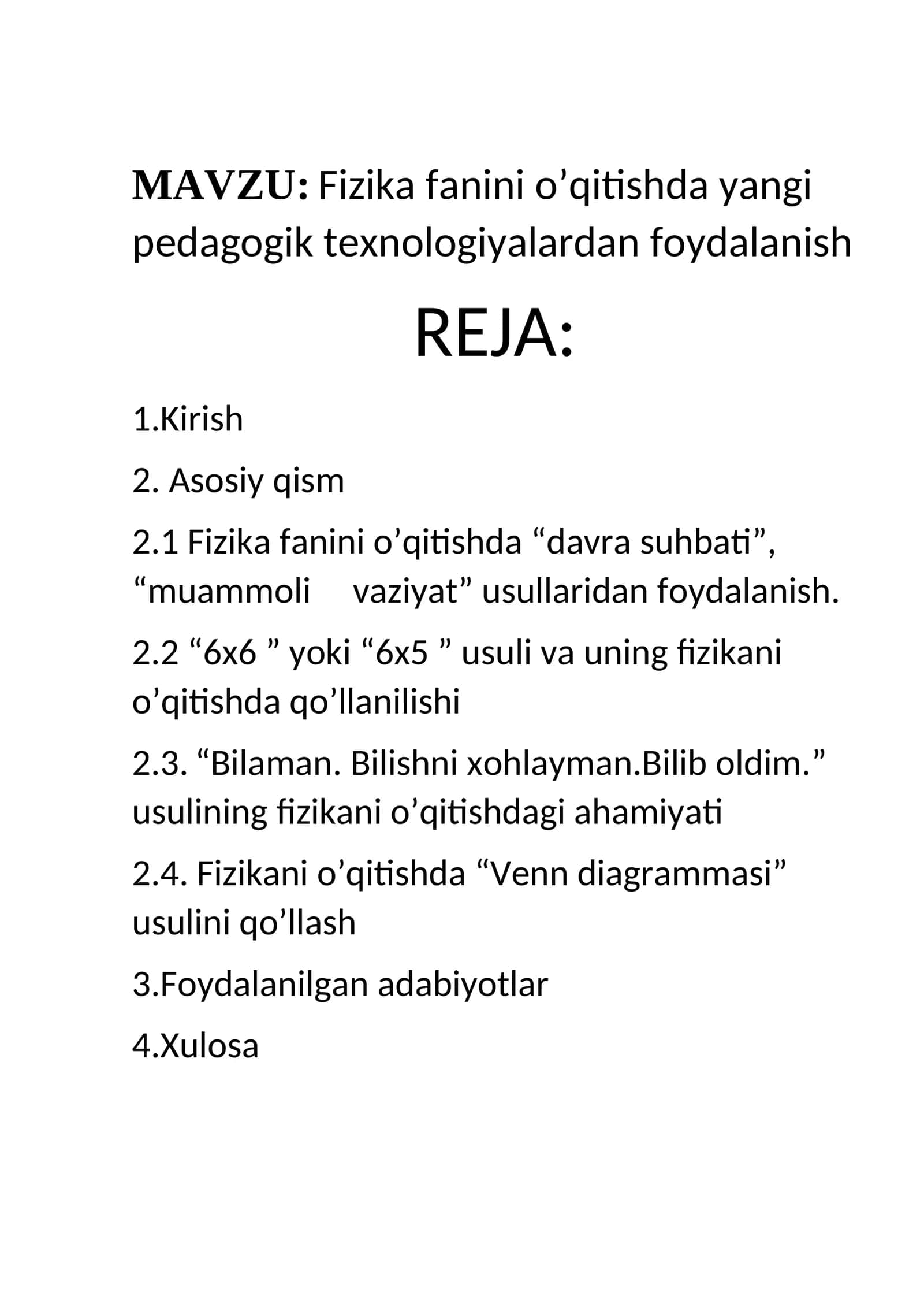 Fizika fanini o’qitishda yangi pedagogik texnologiyalardan foydalanish