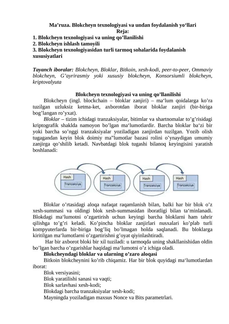 Blokcheyn texnologiyasi va undan foydalanish yo‘llari