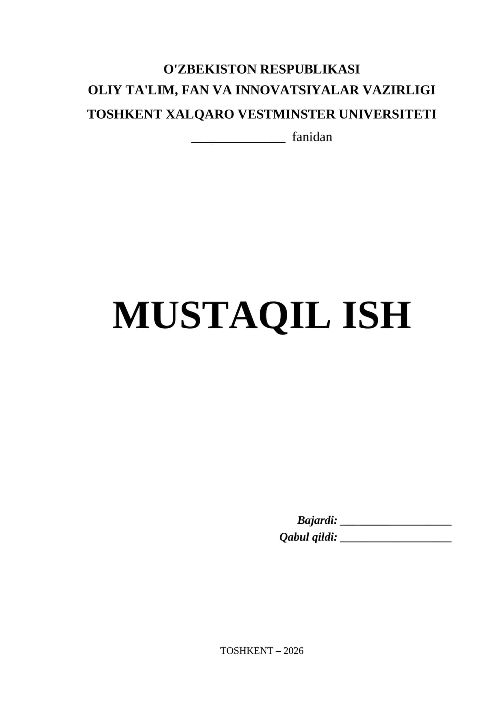 Toshkent Xalqaro Vestminster Universiteti Mustaqil Ish Titul Varaq (.docx)