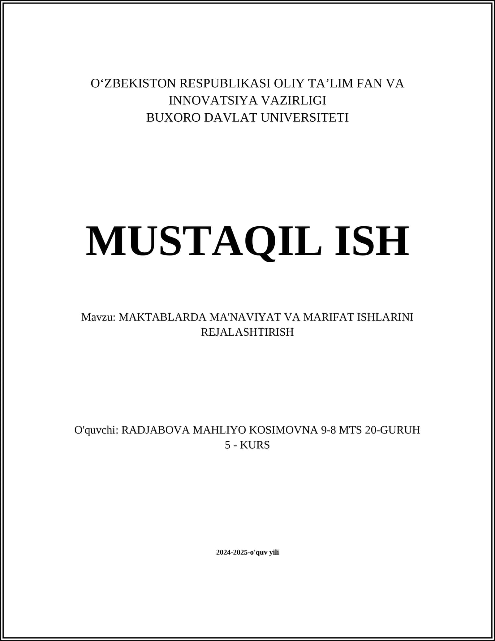 MAKTABLARDA MA'NAVIYAT VA MARIFAT ISHLARINI REJALASHTIRISH