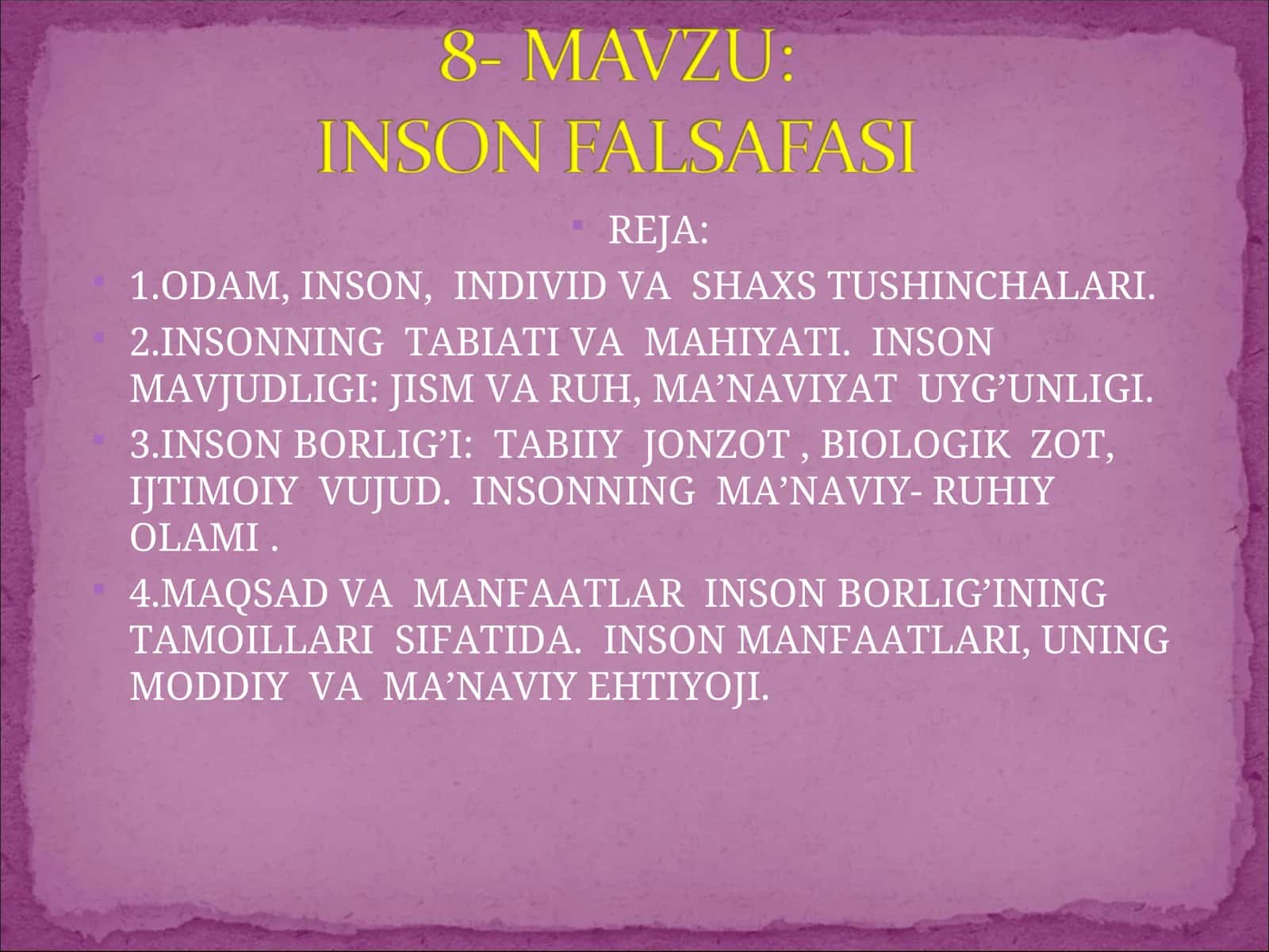 INSON, INDIVID VA SHAXS TUSHINCHALARI