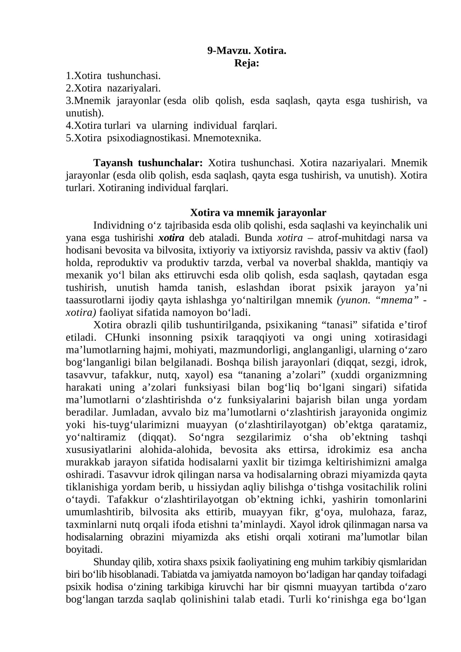 Xotira va mnemik jarayonlar