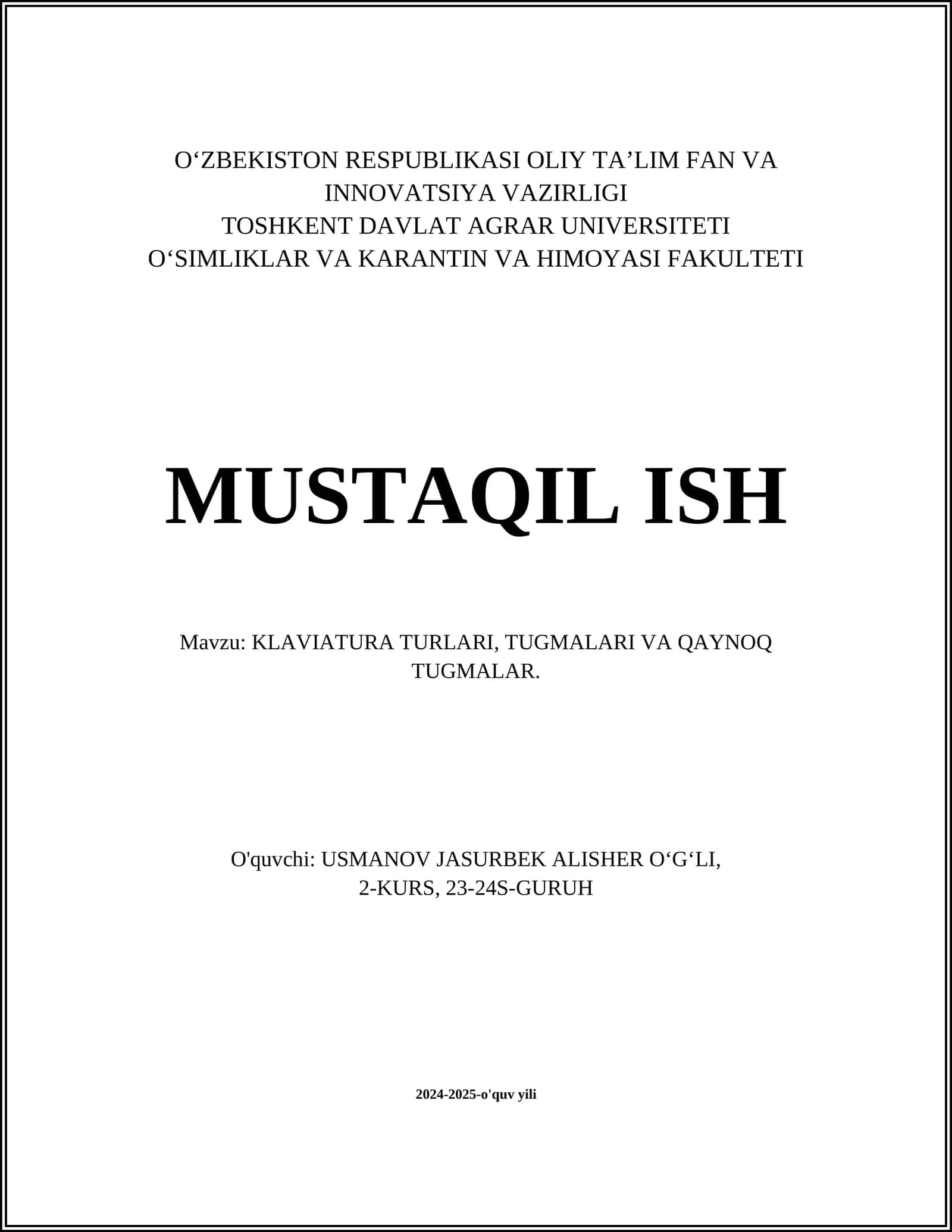 KLAVIATURA TURLARI, TUGMALARI VA QAYNOQ TUGMALAR
