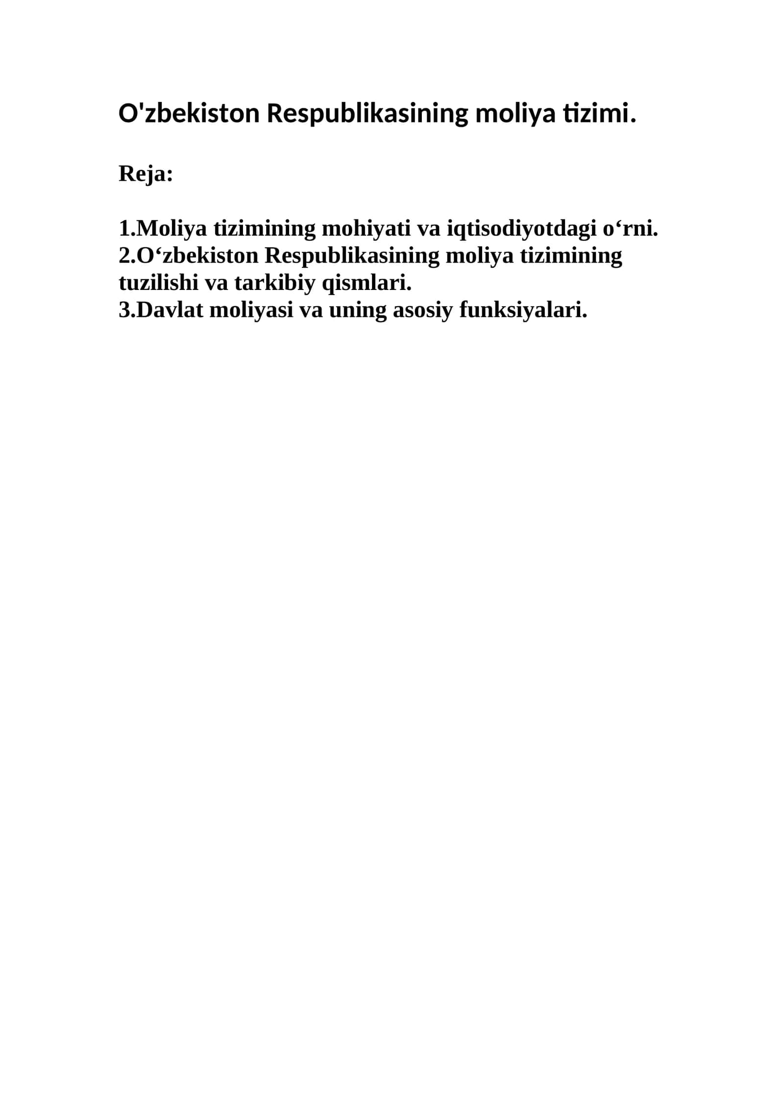 O'zbekiston Respublikasining moliya tizimi