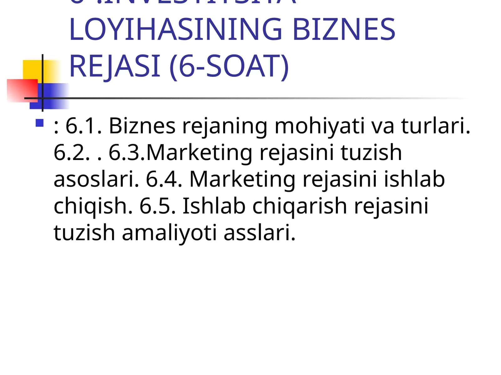 INVESTITSIYA LOYIHASINING BIZNES REJASI (6-SOAT)