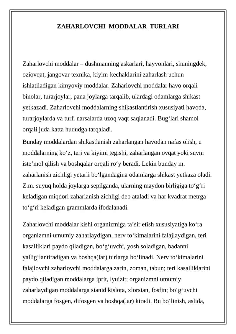 Zaharlovchi moddalar turlari