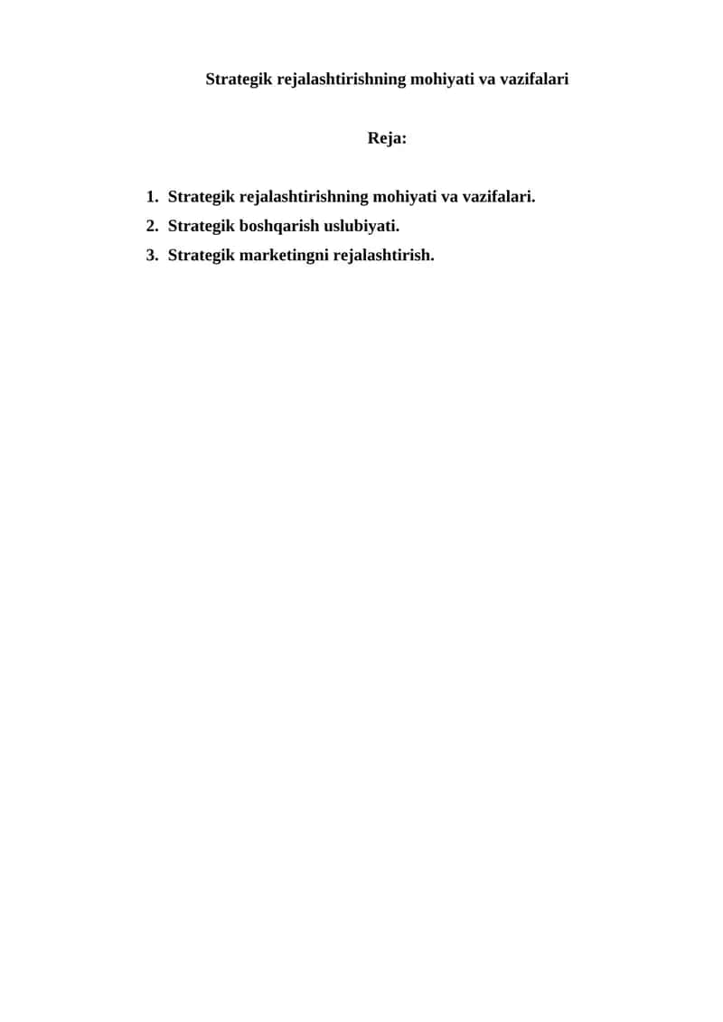 Strategik rejalashtirishning mohiyati va vazifalari