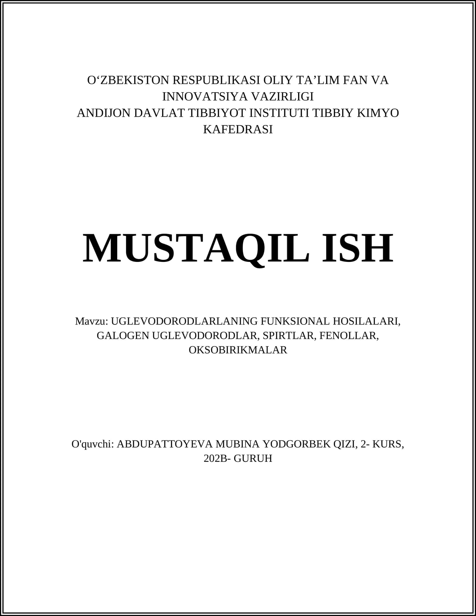 Uglevodorodlarning funksional hosilalarining klassifikatsiyasi va nomenklaturasi