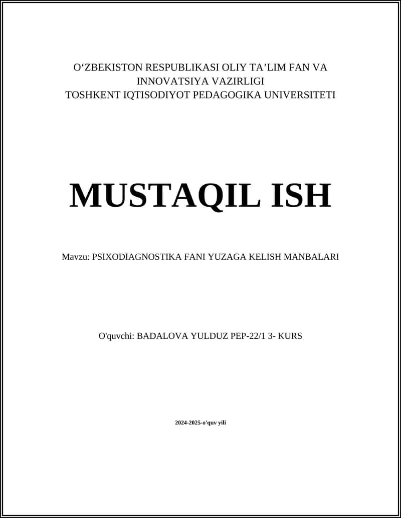 PSIXODIAGNOSTIKA FANI YUZAGA KELISH MANBALARI