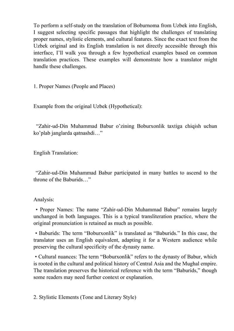 Translation of Boburnoma from Uzbek into English