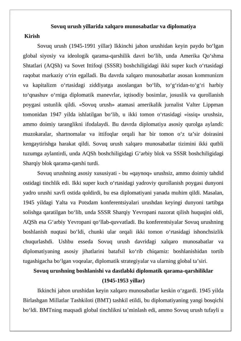 Sovuq urush yillarida xalqaro munosabatlar va diplomatiya