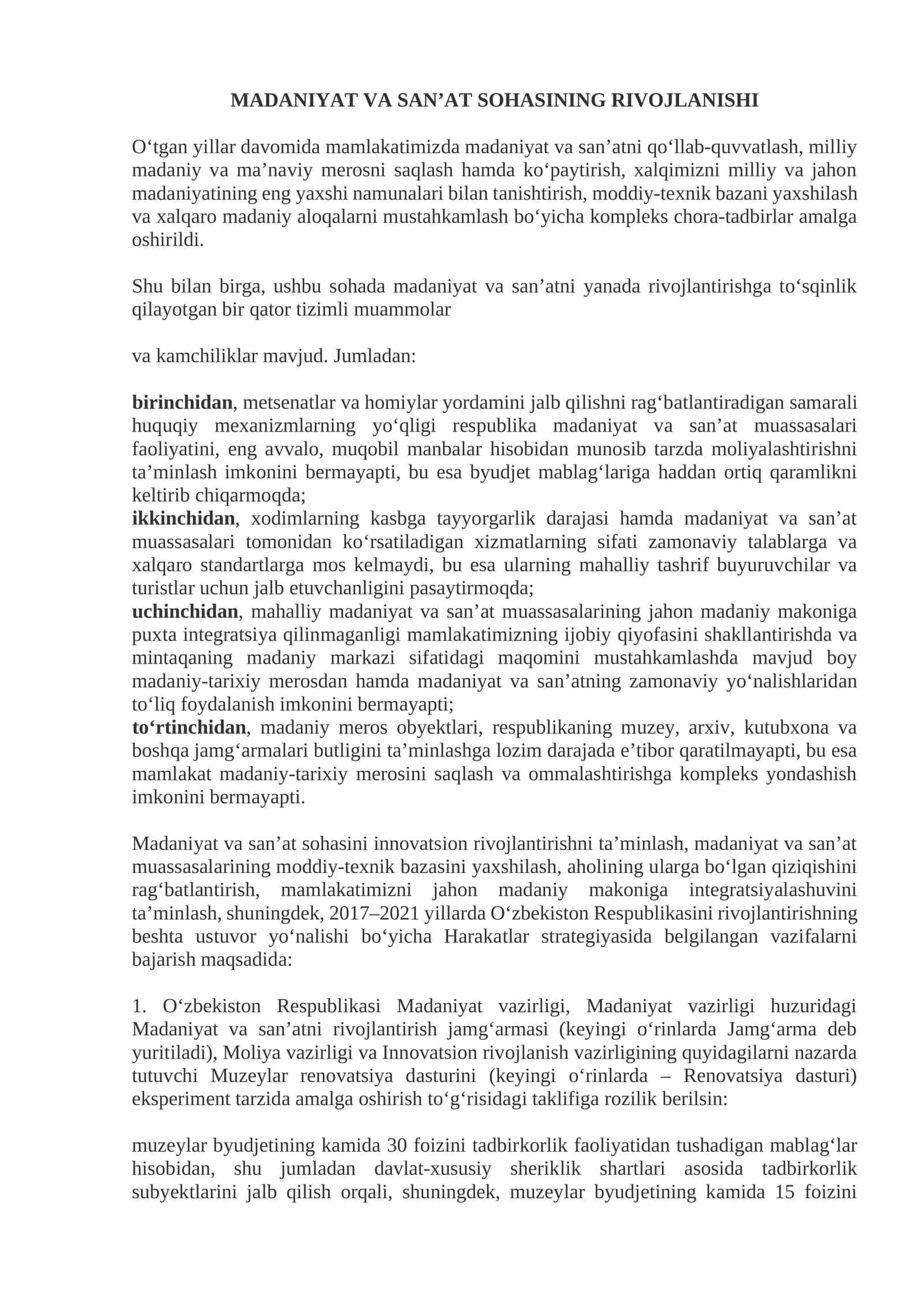 Madaniyat va San’at sohasining rivojlanishi