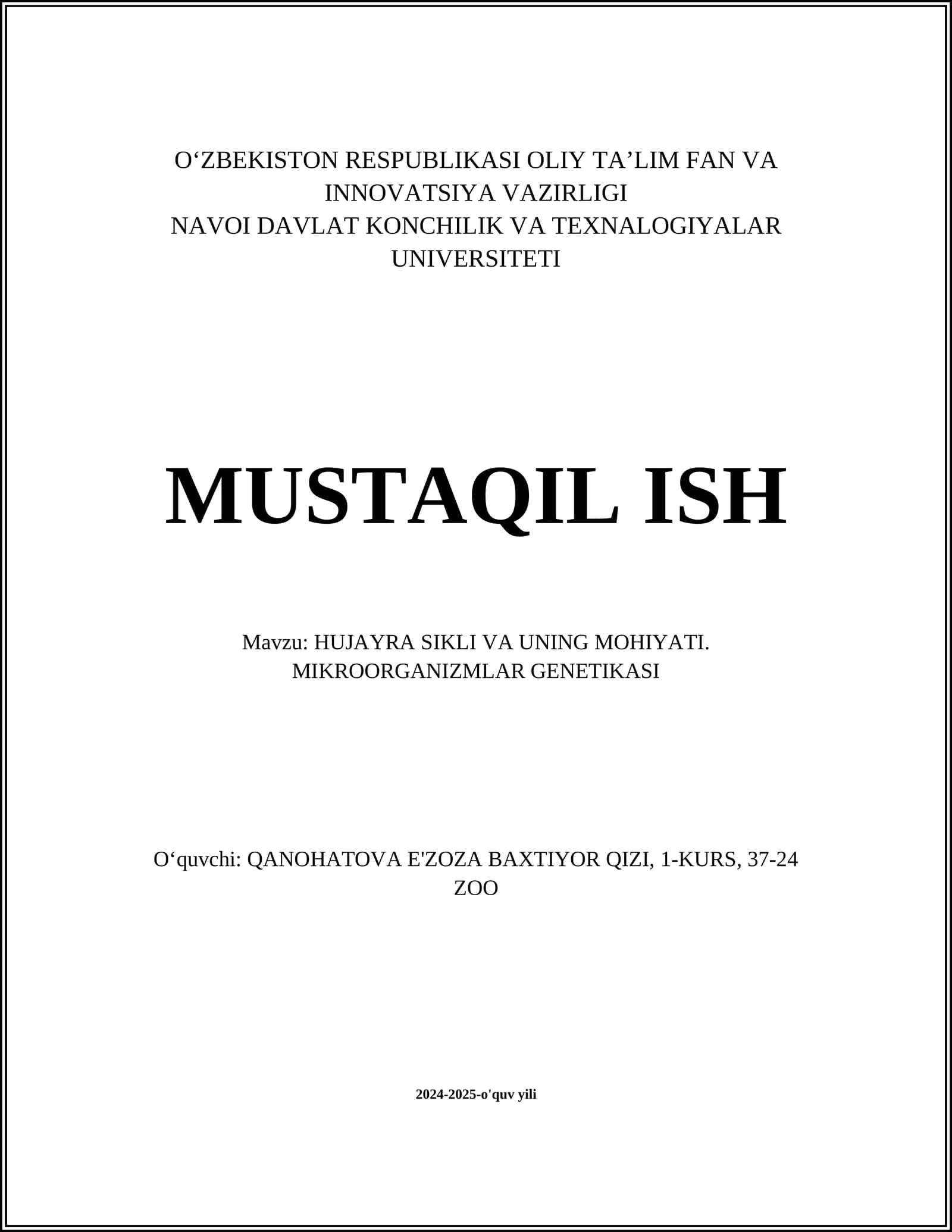 HUJAYRA SIKLI VA UNING MOHIYATI. MIKROORGANIZMLAR GENETIKASI