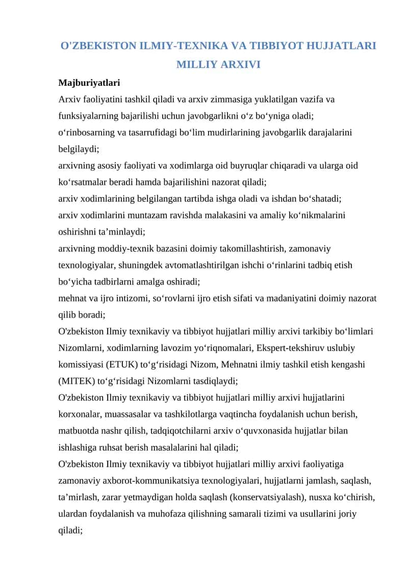O'ZBEKISTON ILMIY-TEXNIKA VA TIBBIYOT HUJJATLARI MILLIY ARXIVI