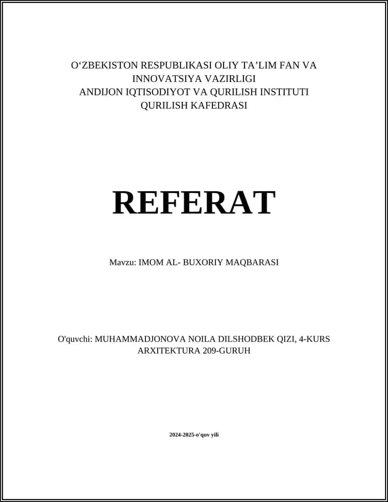 REFERAT Mavzu: IMOM AL- BUXORIY MAQBARASI