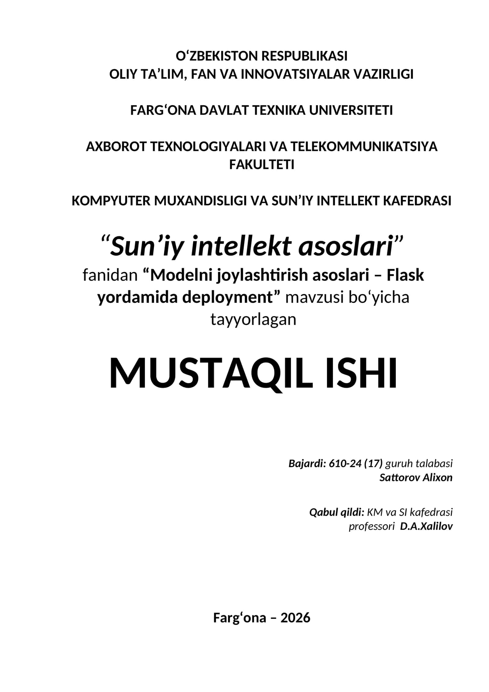 Modelni joylashtirish asoslari – Flask yordamida deployment