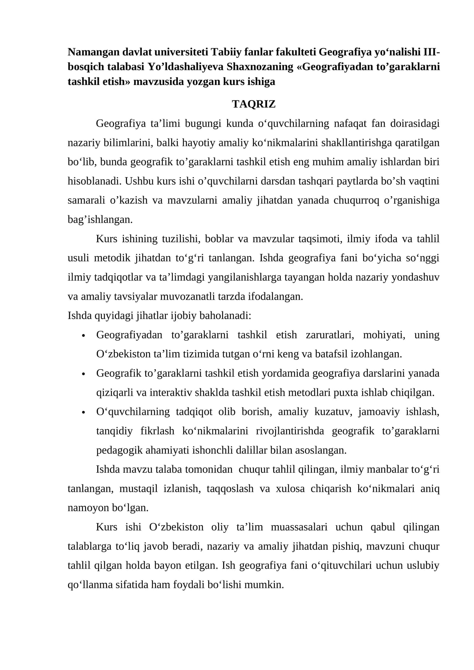 «Geografiyadan to’garaklarni tashkil etish» kurs ishi