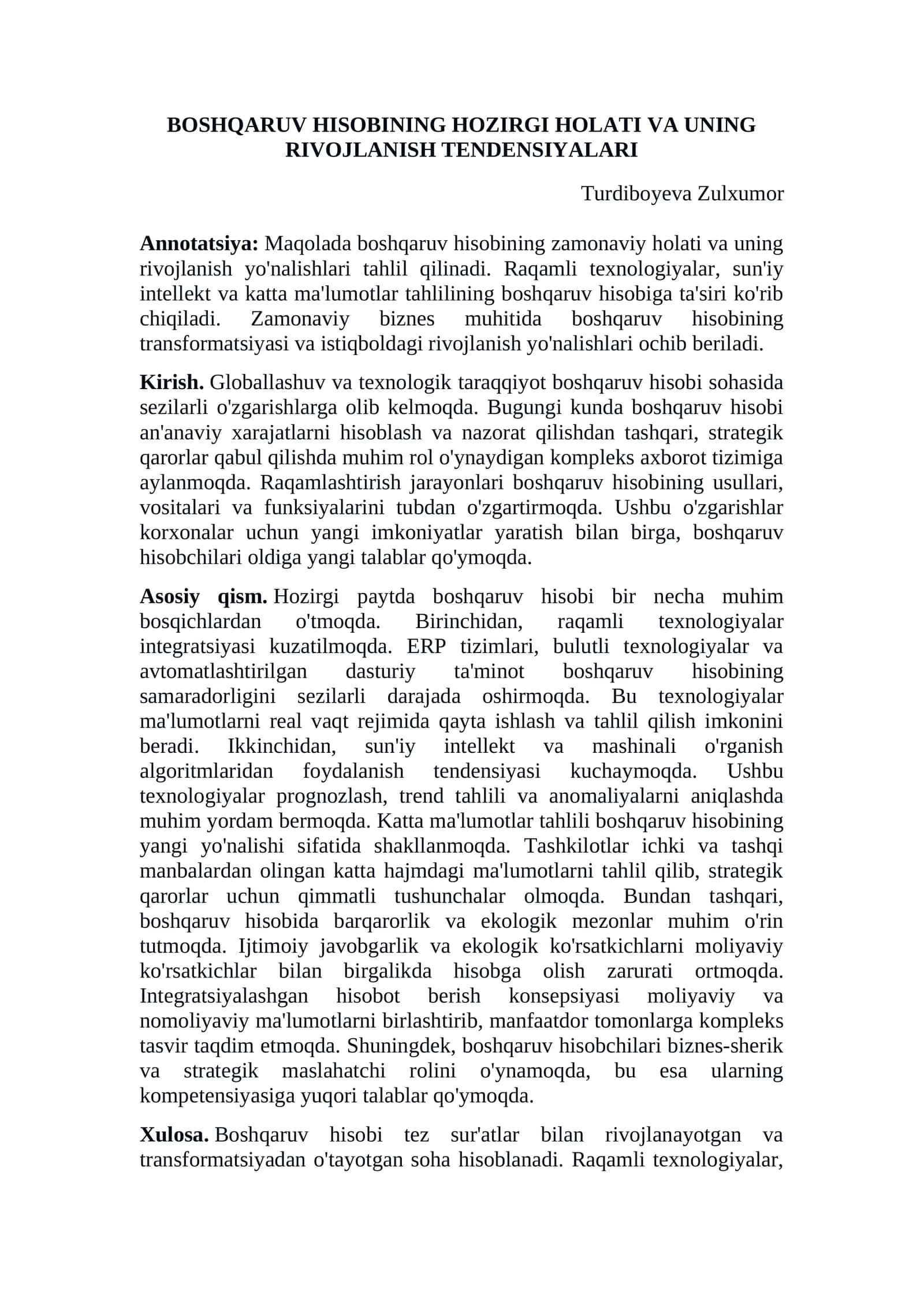 BOSHQARUV HISOBINING HOZIRGI HOLATI VA UNING RIVOJLANISH TENDENSIYALARI