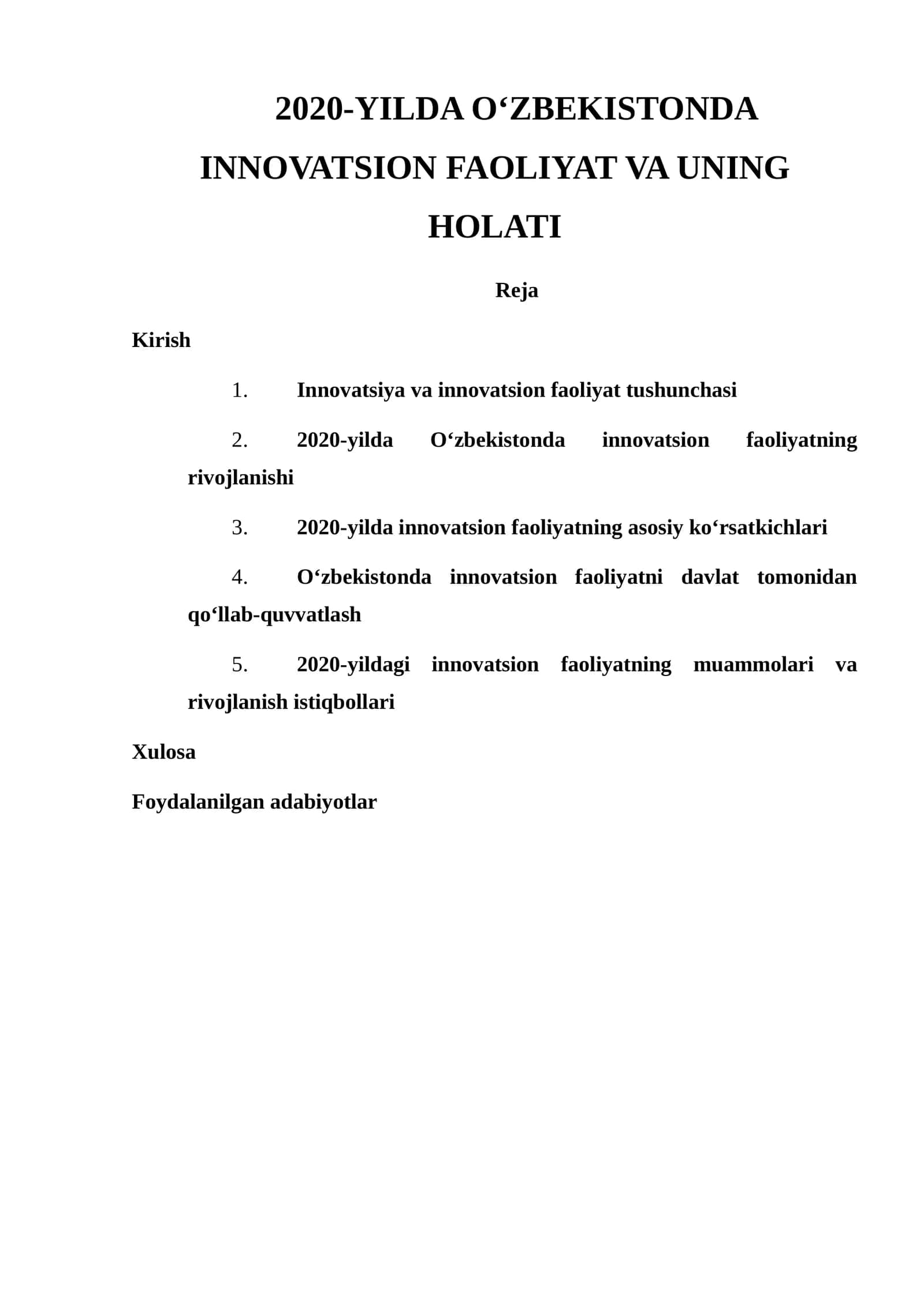 O‘zbekistonda innovatsion faoliyatning rivojlanishi