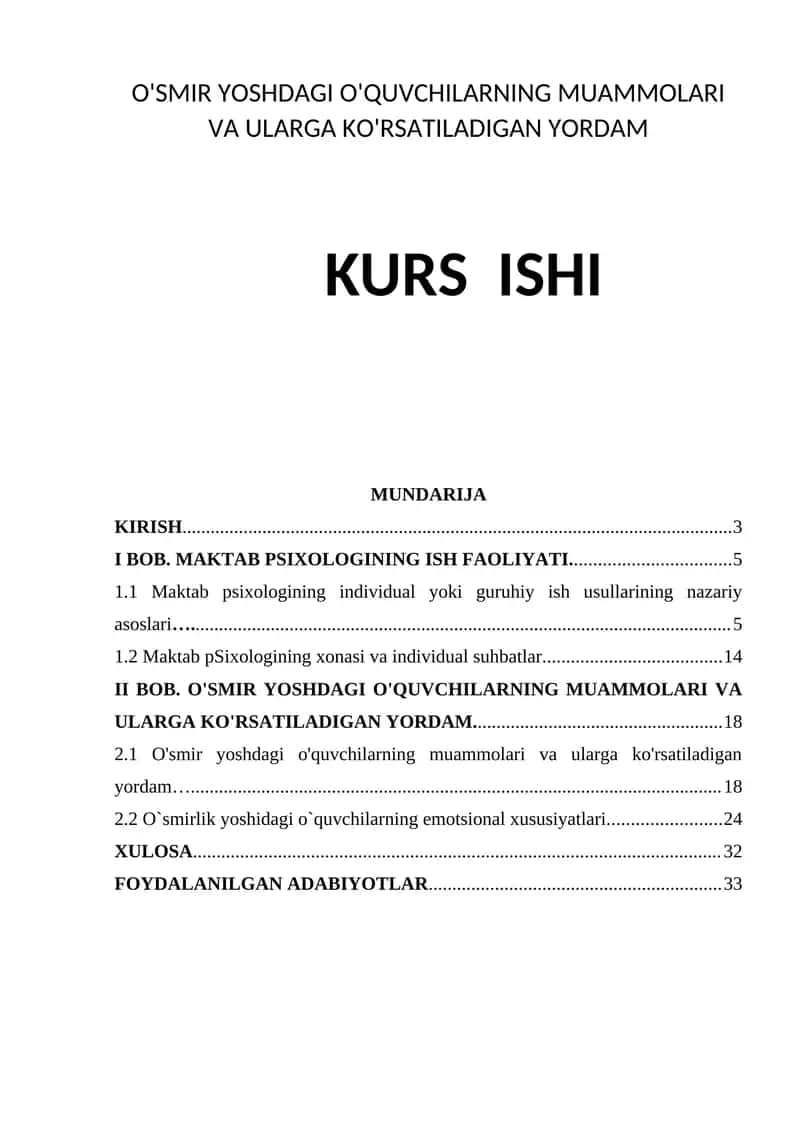 O'SMIR YOSHDAGI O'QUVCHILARNING MUAMMOLARI VA ULARGA KO'RSATILADIGAN YORDAM